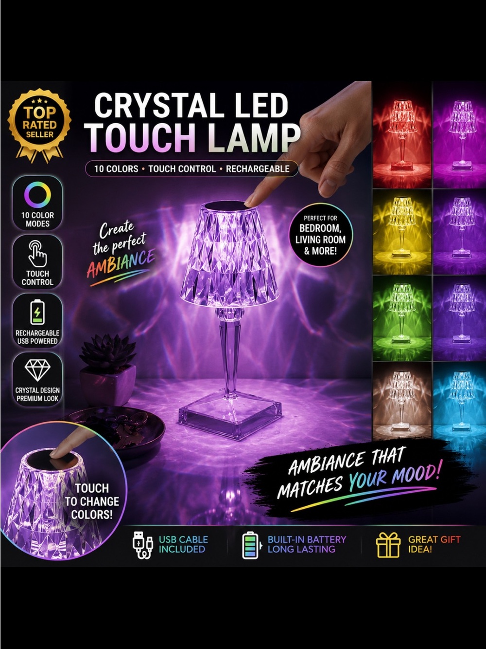 Crystal LED Touch Lamp RGB Rechargeable USB 10” Color Changing Light - Brand New